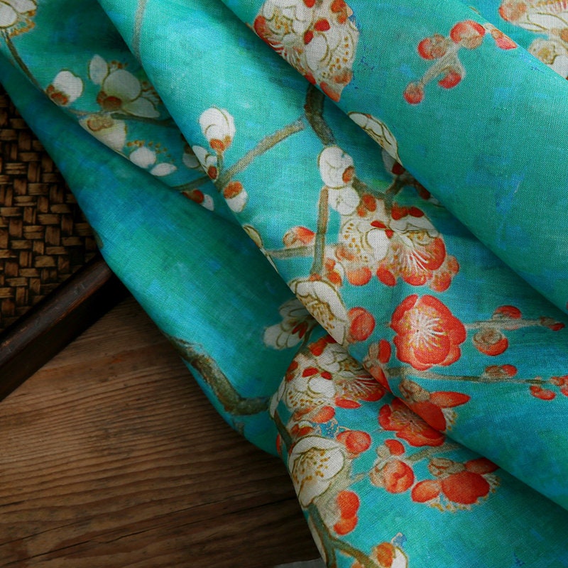LANMEI Wintersweet Floral Printed Blue Ramie fabric By the Yard
