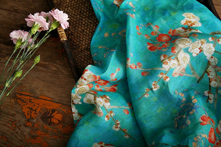 LANMEI Wintersweet Floral Printed Blue Ramie fabric By the Yard