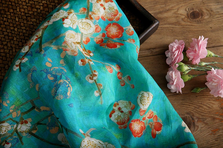 LANMEI Wintersweet Floral Printed Blue Ramie fabric By the Yard