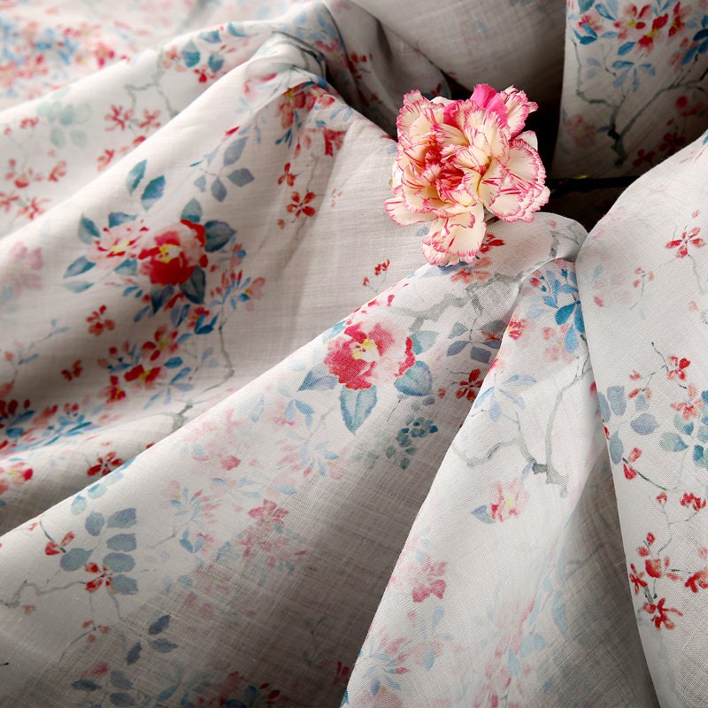 MIANXU Fairy Tale Beautiful Floral Print White Ramie fabric for designers By the Yard