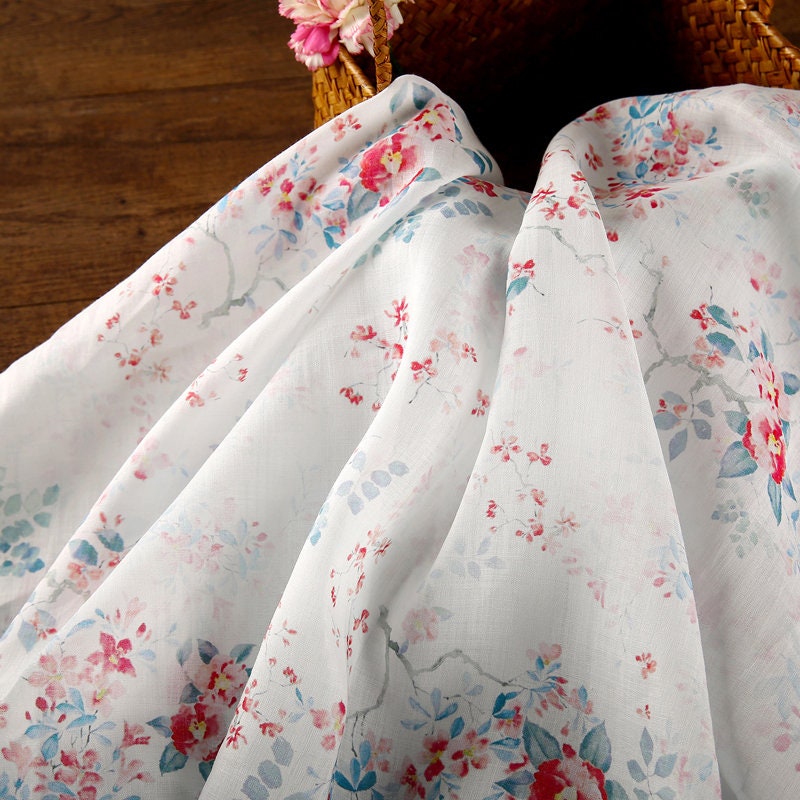 MIANXU Fairy Tale Beautiful Floral Print White Ramie fabric for designers By the Yard