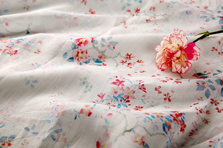 MIANXU Fairy Tale Beautiful Floral Print White Ramie fabric for designers By the Yard