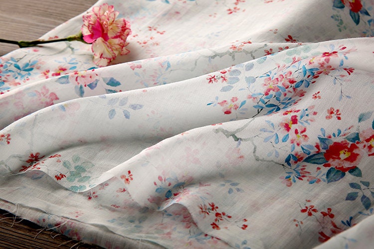 MIANXU Fairy Tale Beautiful Floral Print White Ramie fabric for designers By the Yard