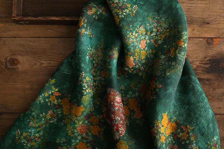 NANXU - Vintage Style Floral Print Green 42 Thread Count Ramie Fabric - 140cm wide by the Yard