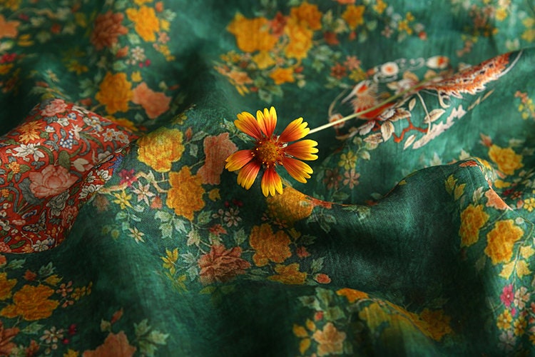 NANXU - Vintage Style Floral Print Green 42 Thread Count Ramie Fabric - 140cm wide by the Yard