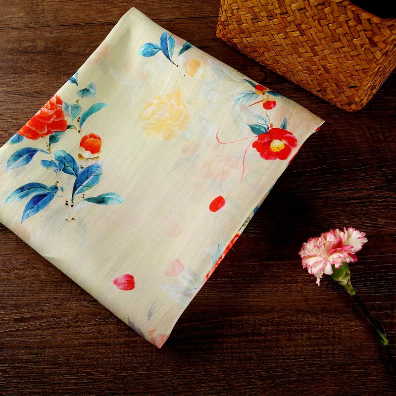 FUSHU - Soft Yellow Floral Print 42 Thread Count Ramie Fabric - 140cm wide by the Yard