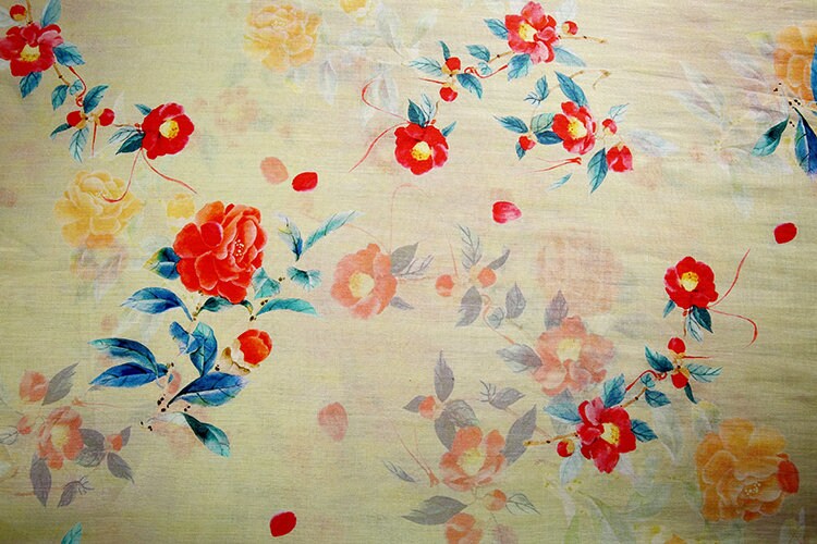 FUSHU - Soft Yellow Floral Print 42 Thread Count Ramie Fabric - 140cm wide by the Yard