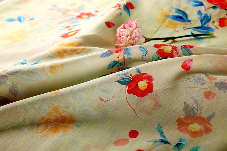 FUSHU - Soft Yellow Floral Print 42 Thread Count Ramie Fabric - 140cm wide by the Yard