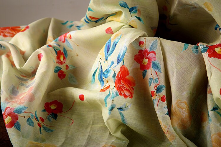 FUSHU - Soft Yellow Floral Print 42 Thread Count Ramie Fabric - 140cm wide by the Yard