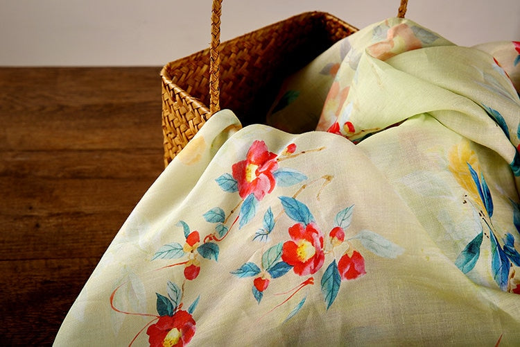 FUSHU - Soft Yellow Floral Print 42 Thread Count Ramie Fabric - 140cm wide by the Yard