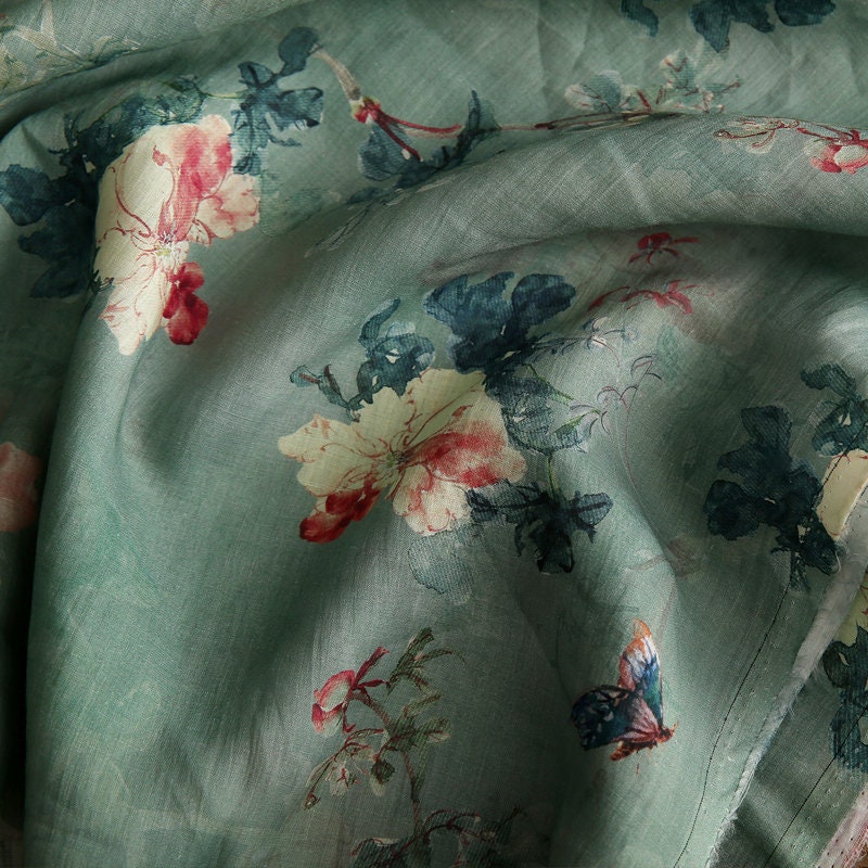 QINGCI Celandon Green Printed Floral Ramie fabric By the Yard