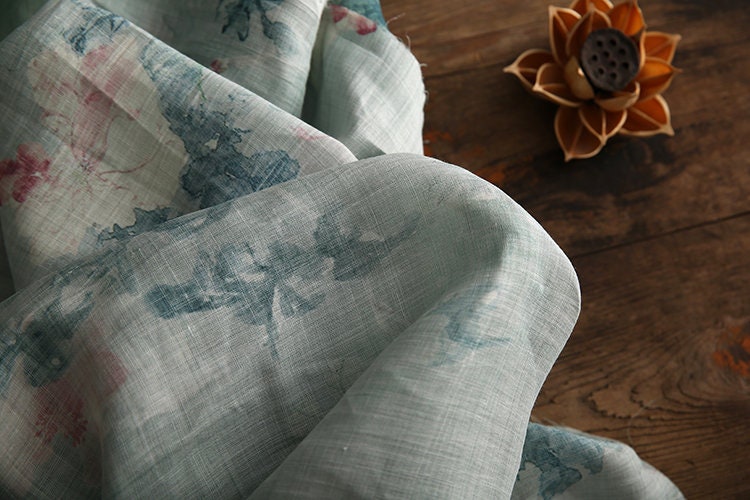 QINGCI Celandon Green Printed Floral Ramie fabric By the Yard