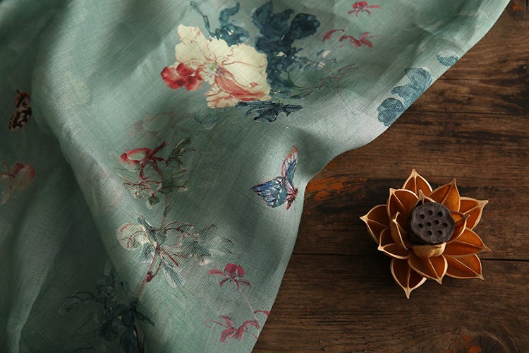 QINGCI Celandon Green Printed Floral Ramie fabric By the Yard