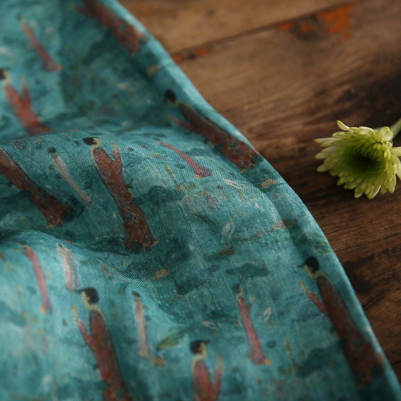 Dunhuang Prayer Printed Green Ramie Fabric By the Yard