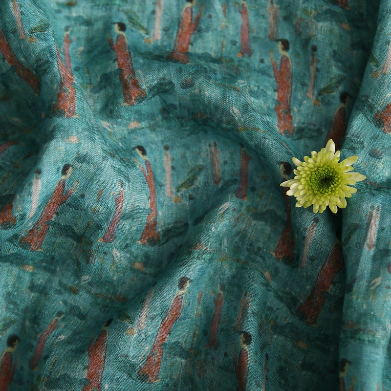 Dunhuang Prayer Printed Green Ramie Fabric By the Yard