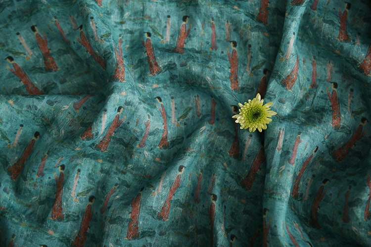 Dunhuang Prayer Printed Green Ramie Fabric By the Yard