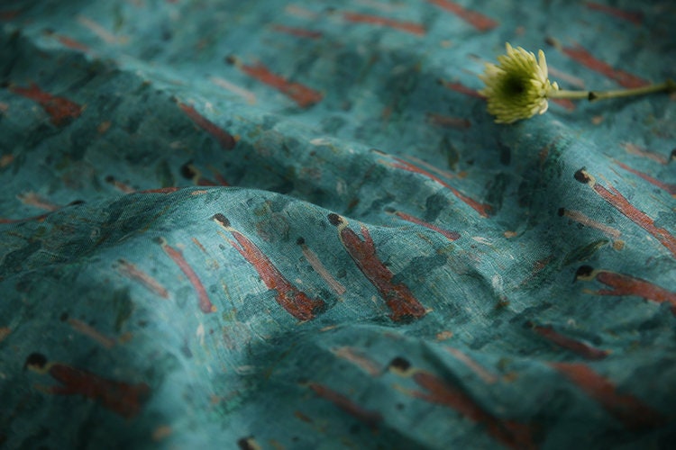 Dunhuang Prayer Printed Green Ramie Fabric By the Yard