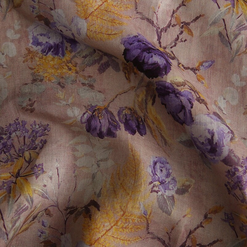 ZIWEI Purple Roses Floral Printed Ramie Fabric By the Yard