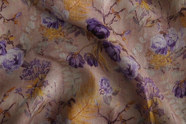 ZIWEI Purple Roses Floral Printed Ramie Fabric By the Yard