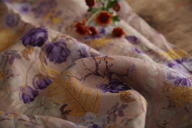 ZIWEI Purple Roses Floral Printed Ramie Fabric By the Yard