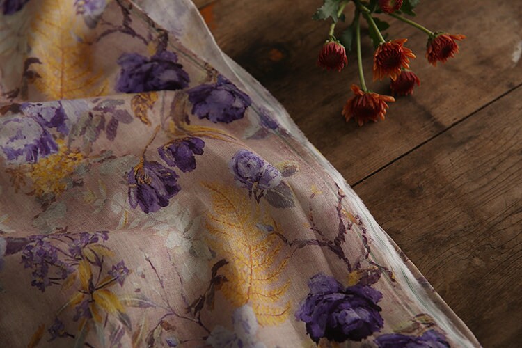 ZIWEI Purple Roses Floral Printed Ramie Fabric By the Yard