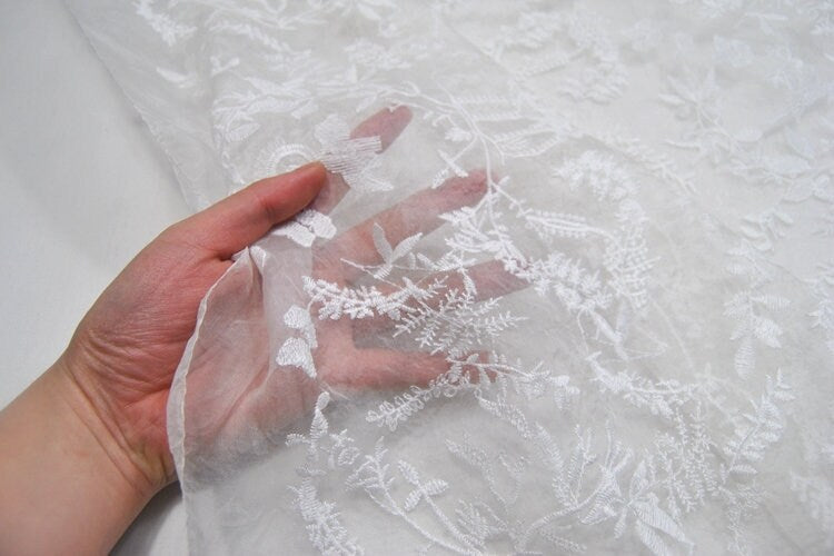 XIAOSUI - White Embroidered Silk Organza Fabric - 130cm wide by the Yard