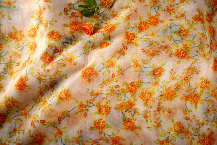 YANGGUANG Vintage Style Floral Printed Ramie fabric for Summer Dresses By the Yard