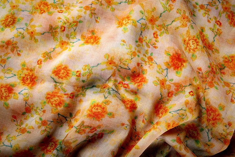 YANGGUANG Vintage Style Floral Printed Ramie fabric for Summer Dresses By the Yard