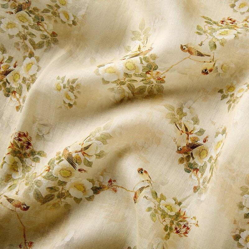 BAINIAO - Vintage Style Floral Printed 42 Thread Count Ramie Fabric - 140cm wide by the Yard