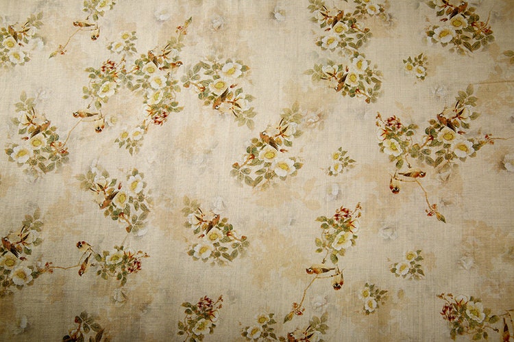 BAINIAO - Vintage Style Floral Printed 42 Thread Count Ramie Fabric - 140cm wide by the Yard
