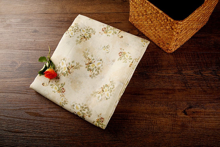 BAINIAO - Vintage Style Floral Printed 42 Thread Count Ramie Fabric - 140cm wide by the Yard