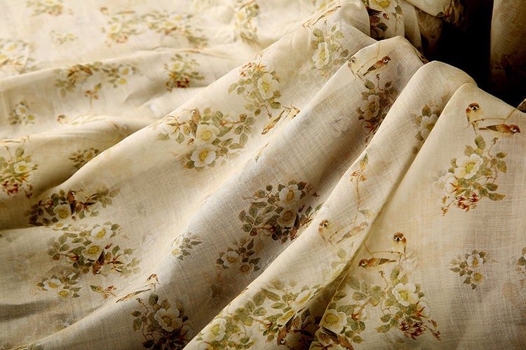 BAINIAO - Vintage Style Floral Printed 42 Thread Count Ramie Fabric - 140cm wide by the Yard