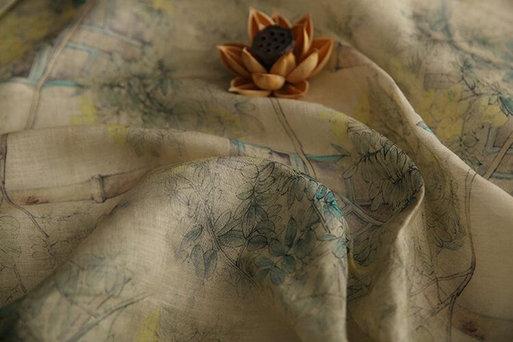 GUSONG Printed Ramie fabric for Summer Dresses By the Yard