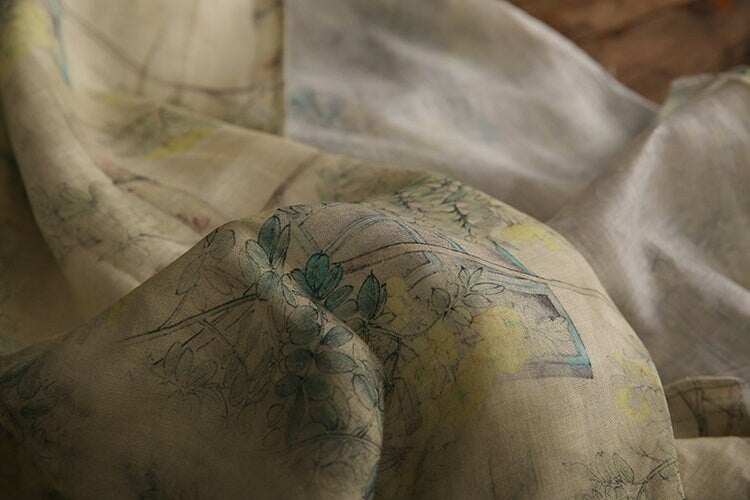 GUSONG Printed Ramie fabric for Summer Dresses By the Yard
