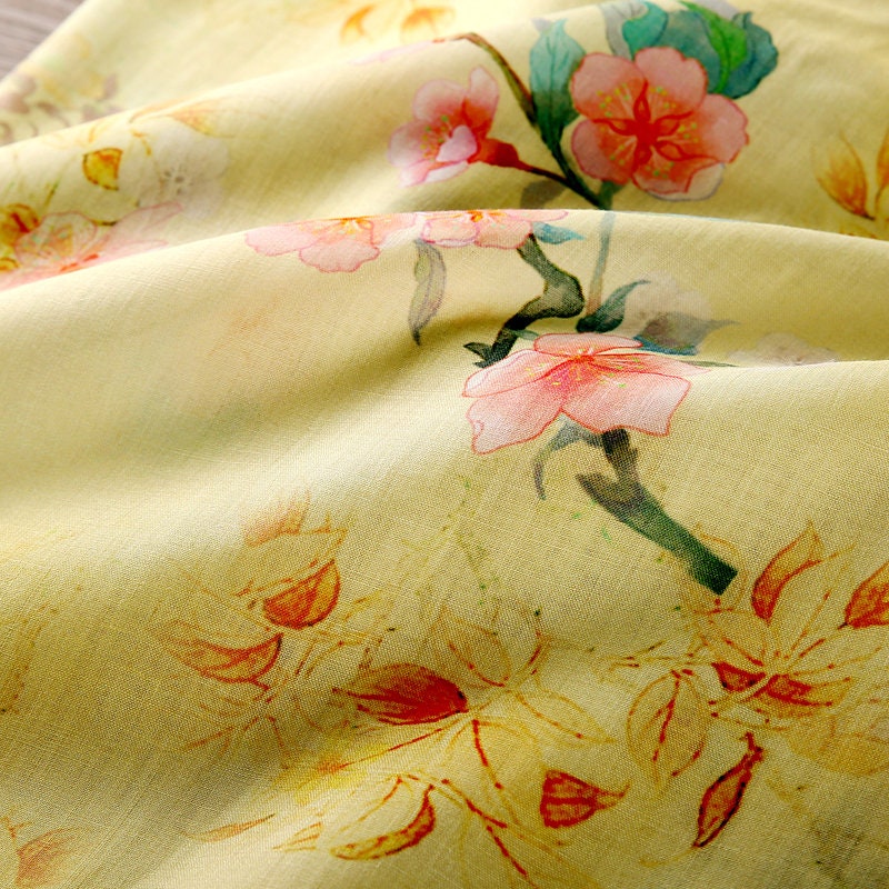 MEIHUA Peach Blossom Floral Printed Yellow Ramie Fabric By the Yard