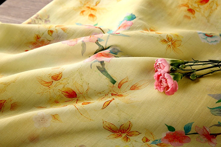 MEIHUA Peach Blossom Floral Printed Yellow Ramie Fabric By the Yard