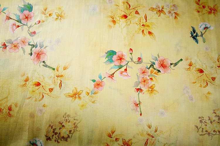MEIHUA Peach Blossom Floral Printed Yellow Ramie Fabric By the Yard