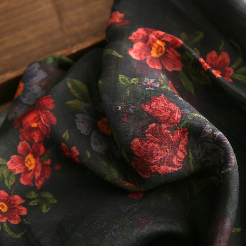 SHIYI - Printed Red Floral Black Ramie Fabric - 140cm wide by the Yard