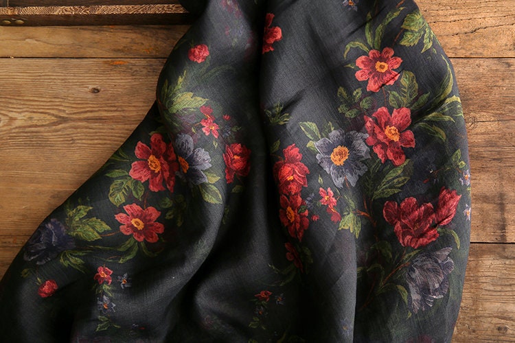 SHIYI - Printed Red Floral Black Ramie Fabric - 140cm wide by the Yard