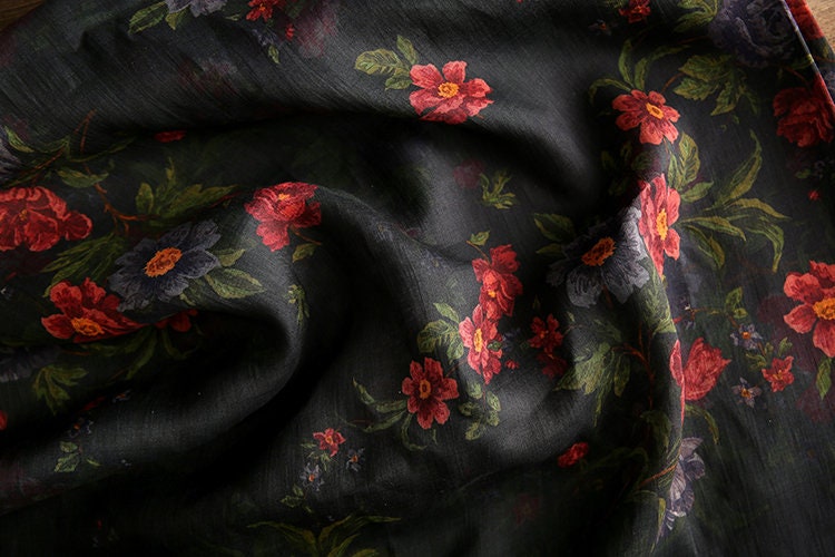 SHIYI - Printed Red Floral Black Ramie Fabric - 140cm wide by the Yard