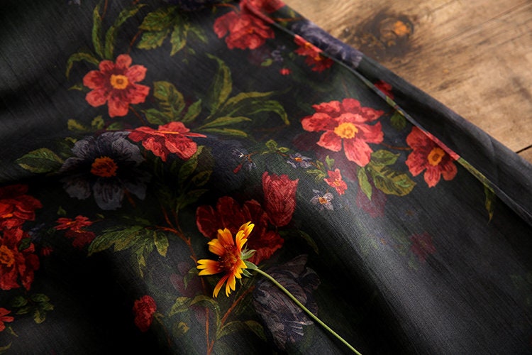 SHIYI - Printed Red Floral Black Ramie Fabric - 140cm wide by the Yard