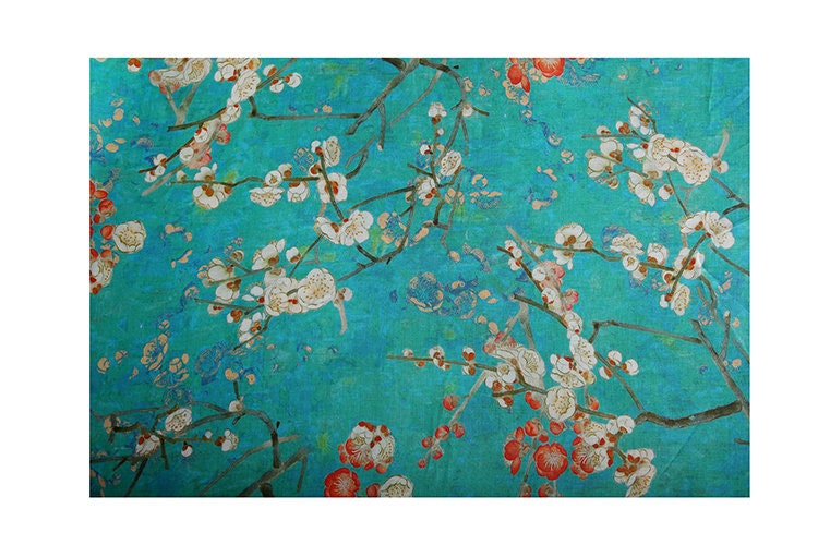 LANMEI Wintersweet Floral Printed Blue Ramie fabric By the Yard