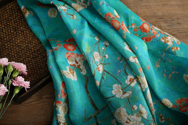 LANMEI Wintersweet Floral Printed Blue Ramie fabric By the Yard