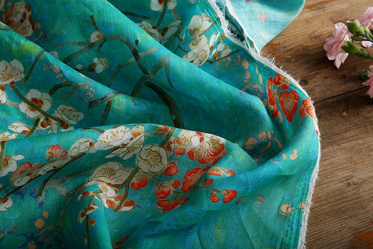 LANMEI Wintersweet Floral Printed Blue Ramie fabric By the Yard