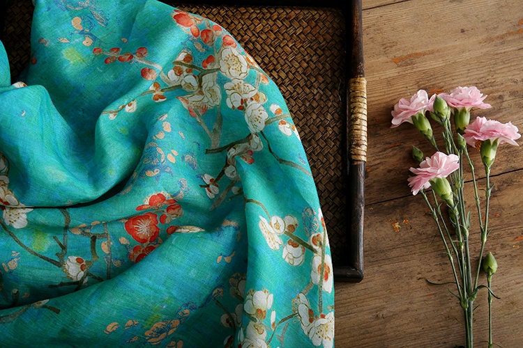 LANMEI Wintersweet Floral Printed Blue Ramie fabric By the Yard