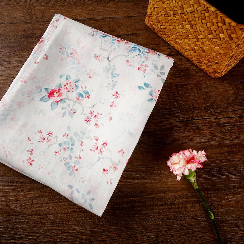 MIANXU Fairy Tale Beautiful Floral Print White Ramie fabric for designers By the Yard
