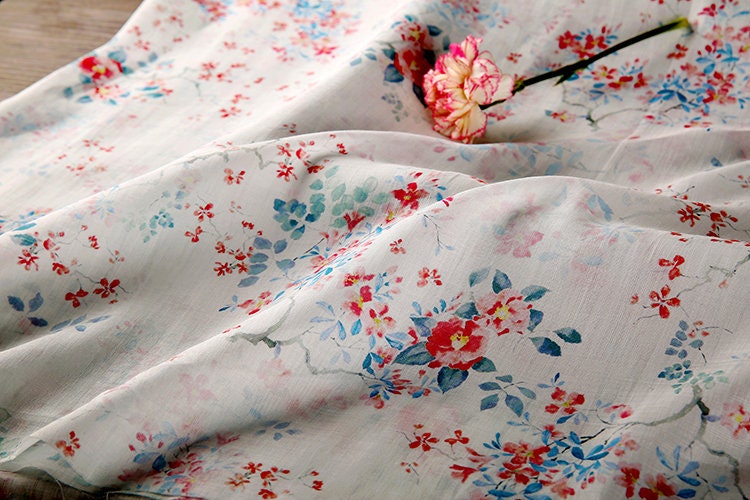 MIANXU Fairy Tale Beautiful Floral Print White Ramie fabric for designers By the Yard