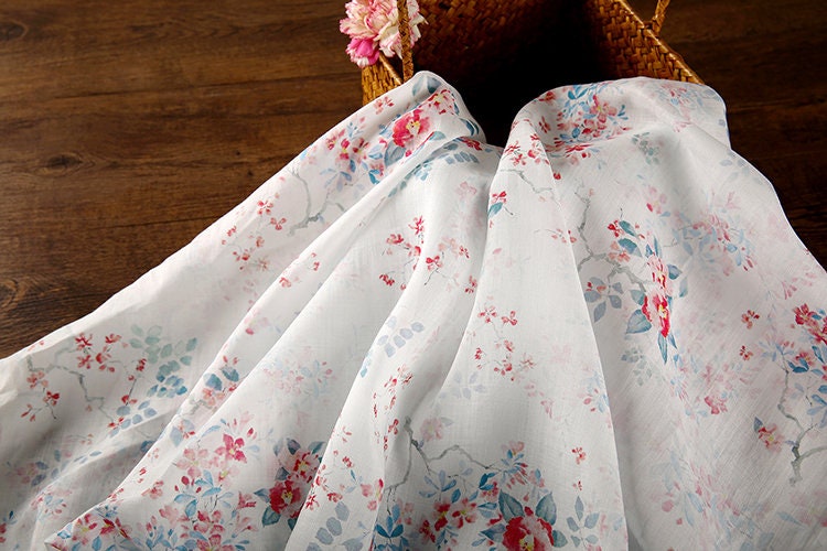MIANXU Fairy Tale Beautiful Floral Print White Ramie fabric for designers By the Yard
