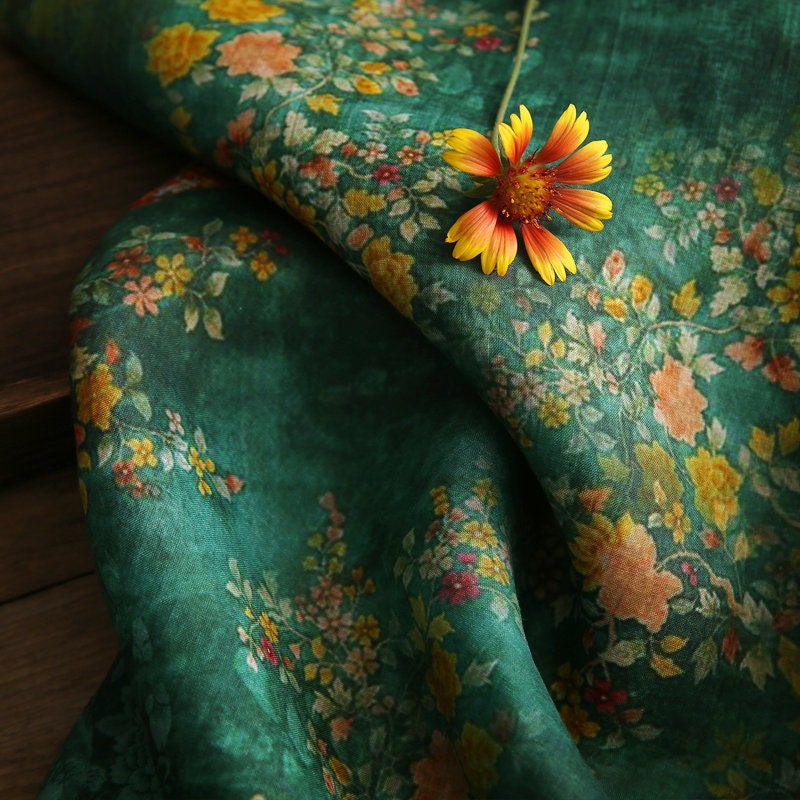 NANXU - Vintage Style Floral Print Green 42 Thread Count Ramie Fabric - 140cm wide by the Yard