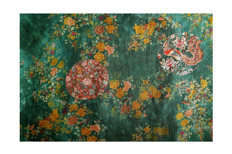 NANXU - Vintage Style Floral Print Green 42 Thread Count Ramie Fabric - 140cm wide by the Yard